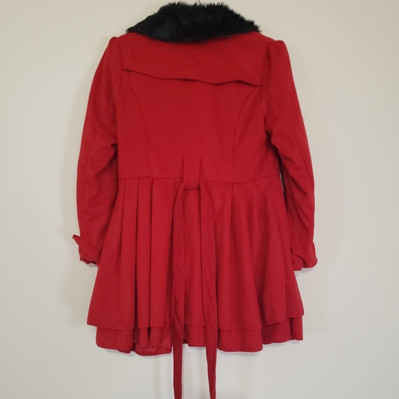Red Women's Pea Coat With Ruffles - Picture 2 of 3